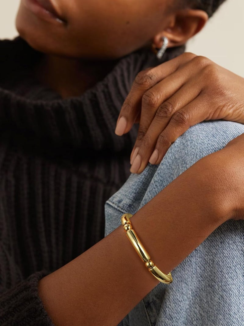Badu Gold Chunky Bangles Bracelets For Women 14k Gold Plated Stack Layered Curved Bamboo Tube Stretch Bracelets Gift Jewelry - Image 3